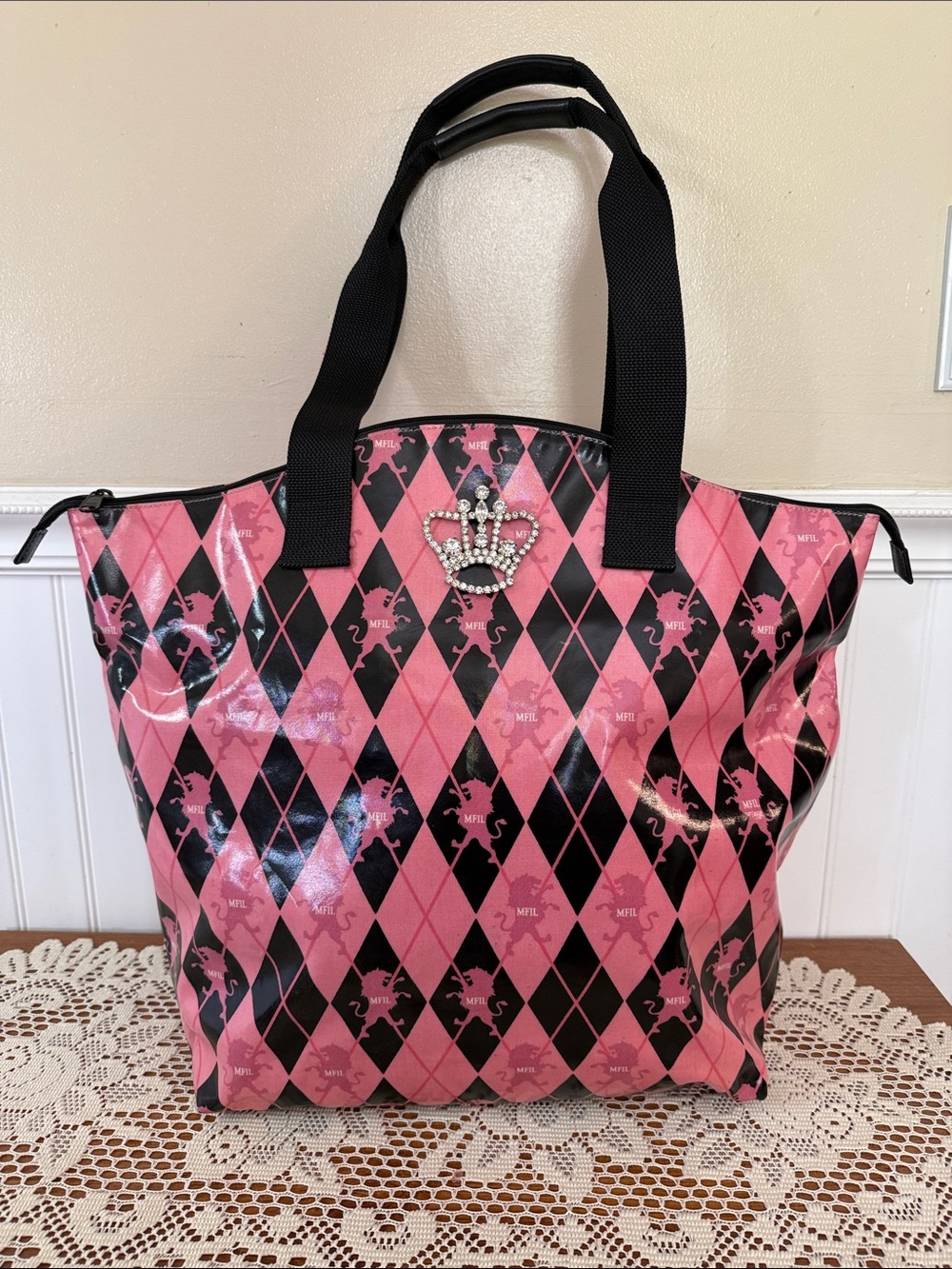 My Flat In London pink and black argyle tote bag w/ a crown emblem Brighton